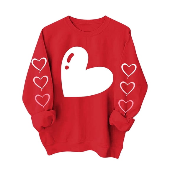 Heart Sweatshirt Womens Long Sleeve Pullover Shirt Crewneck Trendy Cute Tops Holiday Valentines Day Outfits, M Red