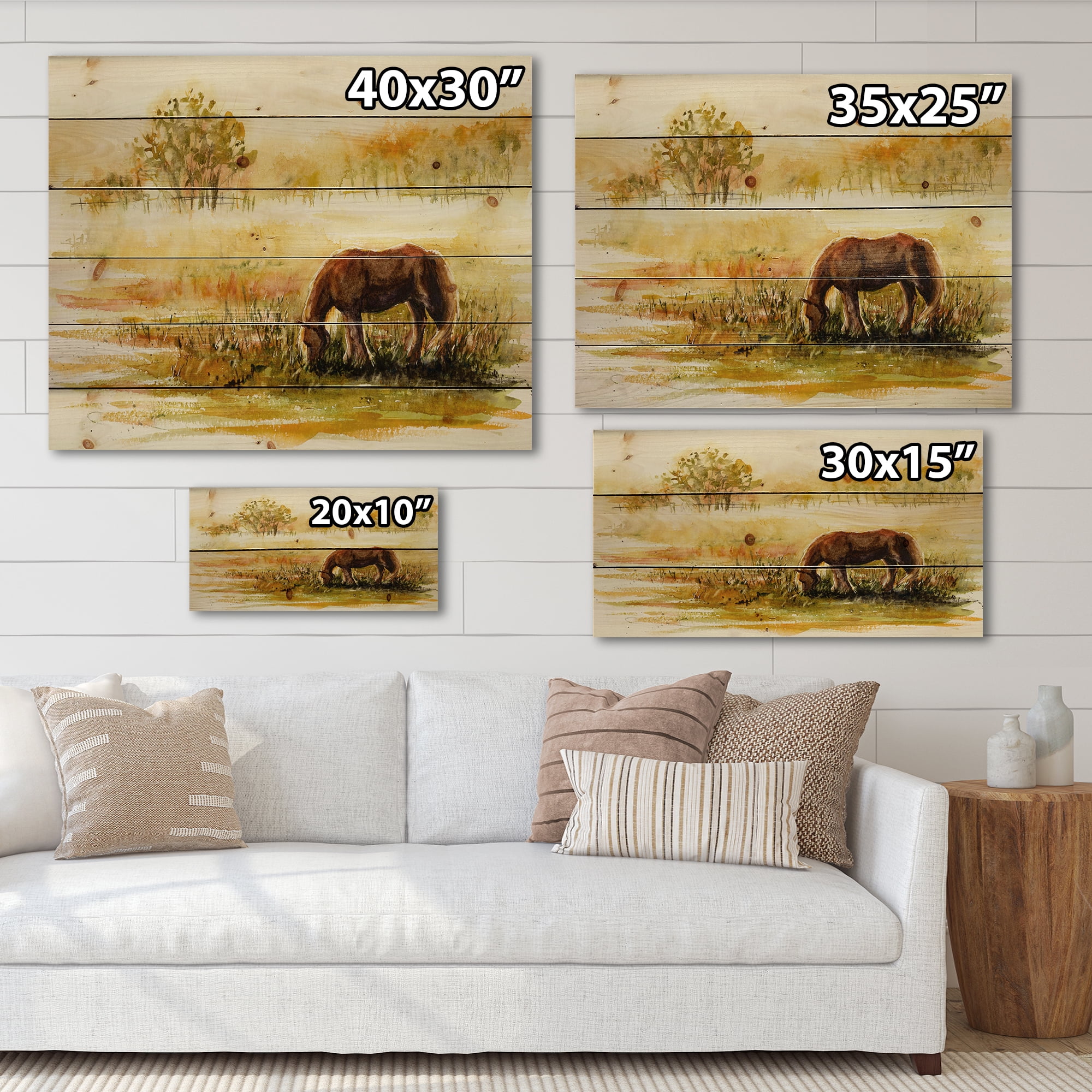Designart 'Horse Eating Grass On A Meadow' Farmhouse Print on Natural Pine Wood