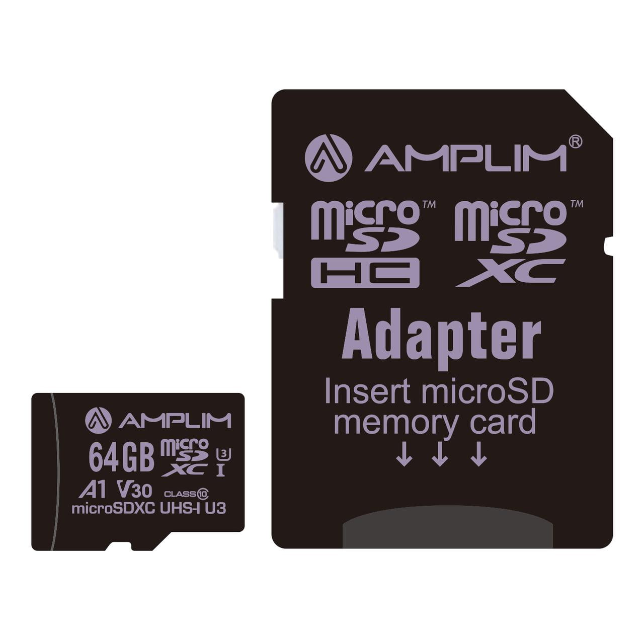 Amplim Micro SD Card 64GB | MicroSD Memory Plus Adapter | A1 MicroSDXC U3 Class 10 V30 UHS-I for Nintendo, GoPro Hero, Surface, Phone, Camera Cam, Tablet | Purple