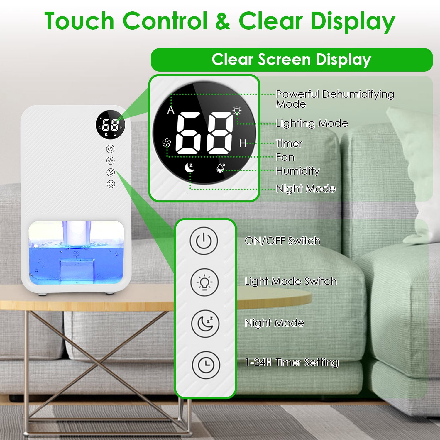 1Pc 37.2OZ Indoor Portable Small Dehumidifier with Sleep Mode 1-24H Timer Touch Control for Home Bathroom Basement Closet RV Bedroom