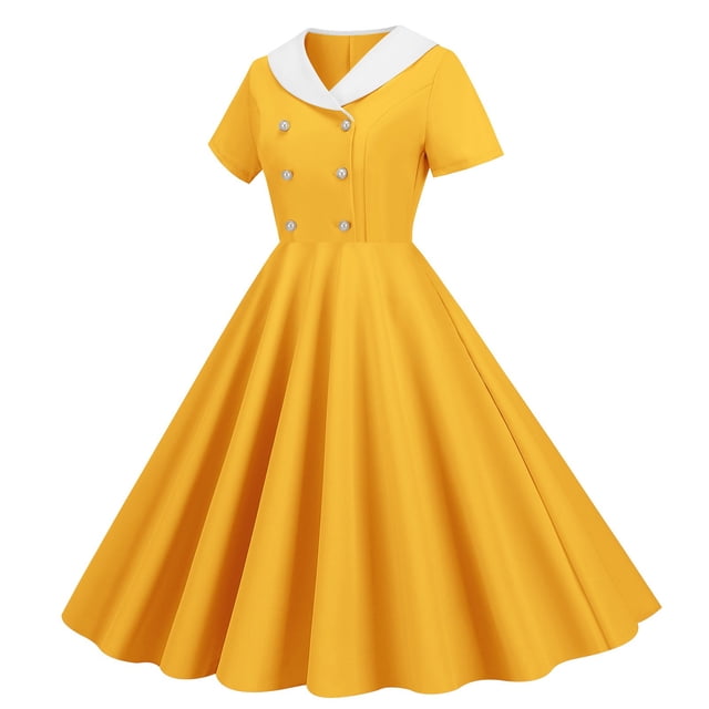 Robes Grande Taille Commerce Extérieur Col en V Manches Courtes Rétro Double Boutonnage Bouton Robe d'Été Jaune S