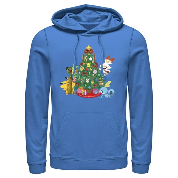 Men's Pokemon Christmas Tree Friends Pull Over Hoodie Royal Blue 2X Large