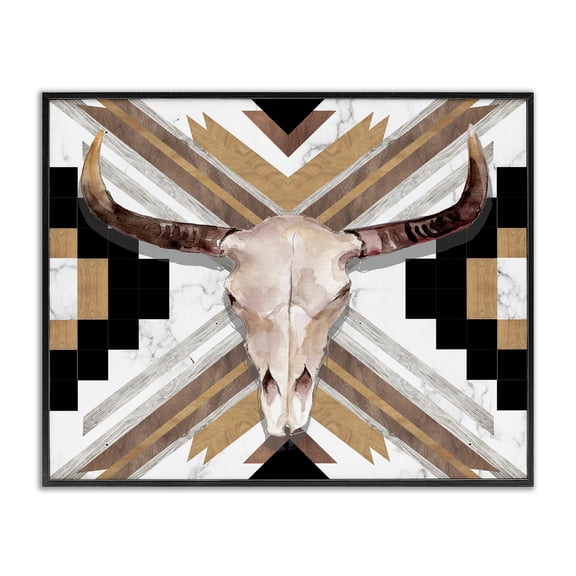 Stupell Industries Rustic Lodge Southwestern Santa Fe Wild Bull Skull Geometric Pattern Black Framed Giclee Art, 14 x 11, by Jennifer Paxton Parker