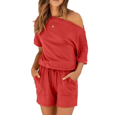

Sexy Dance Pajamas Jumpsuits for Women Summer Sleepwear Romper Short Sleeve Nightwear Loungewear Orange Red 2XL