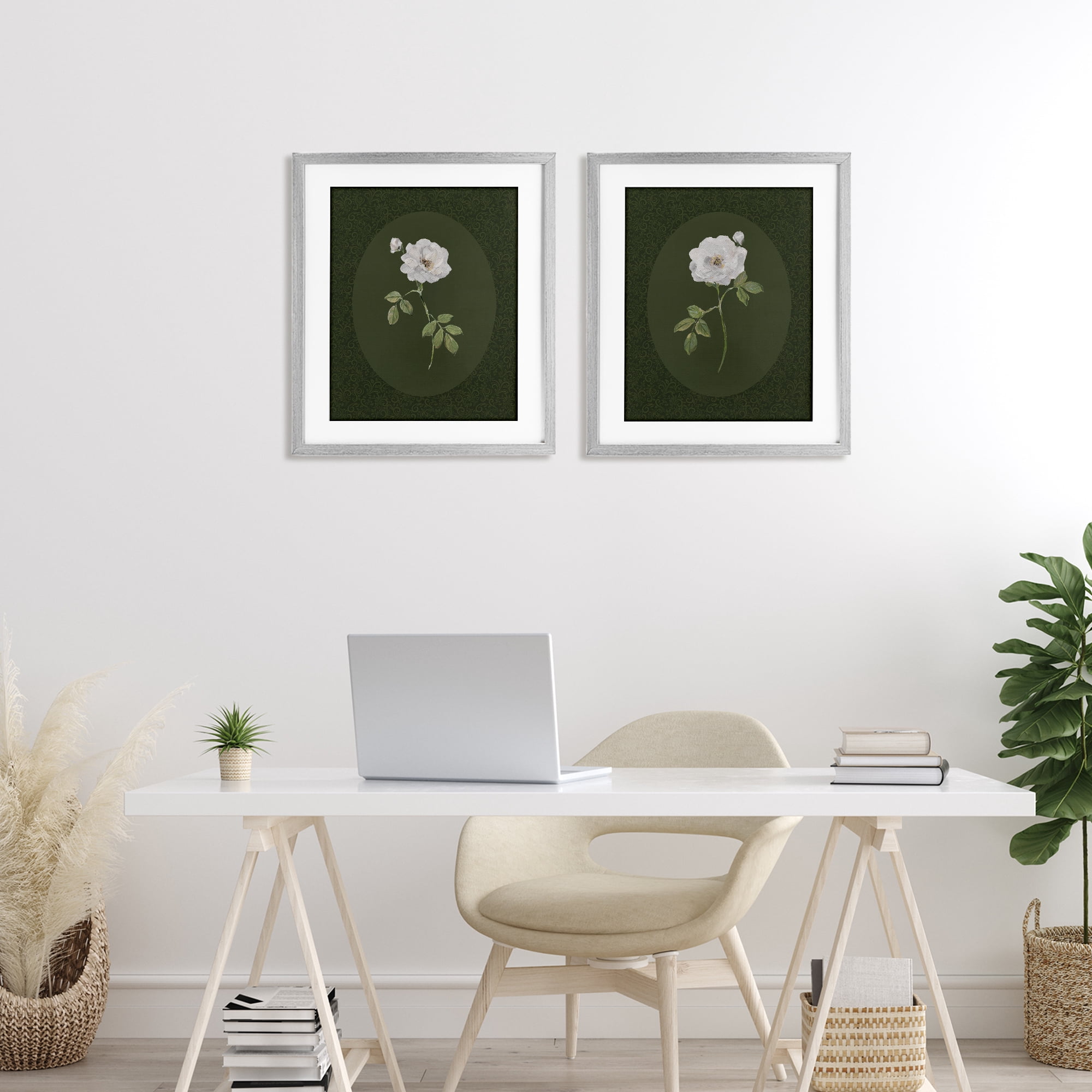 Stupell Industries Ornate Rose Studies over Emerald 2 Piece Gray Framed Print Under Glass Set, design by Sally Swatland