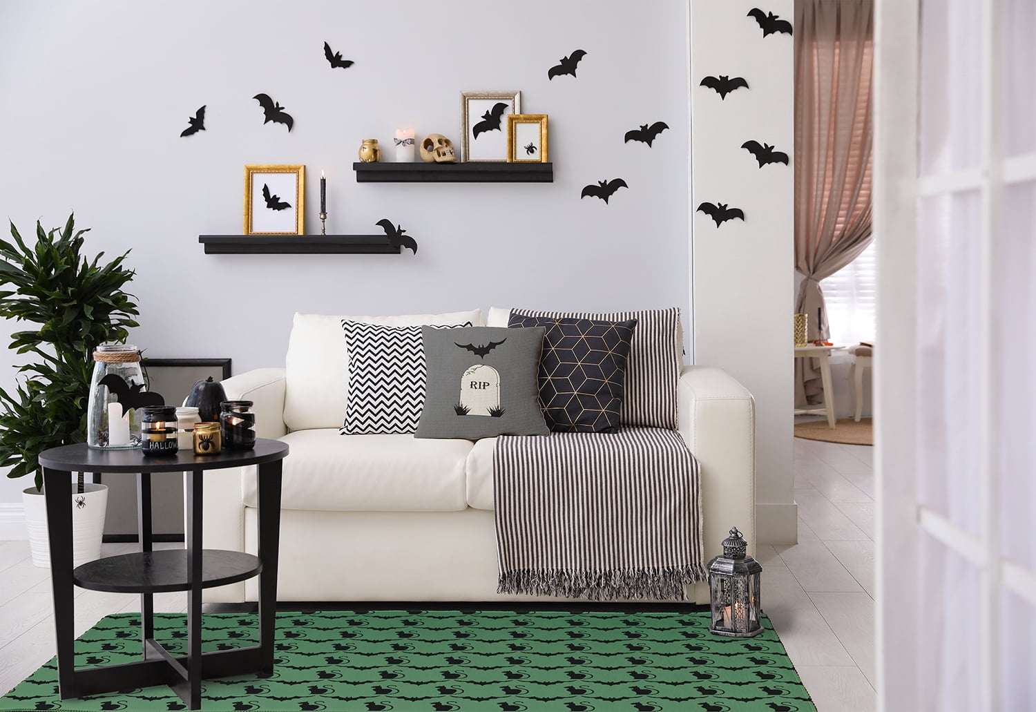 Simply Daisy Cats and Bats Sage Halloween Chenille Area Rug, 3' x 5'