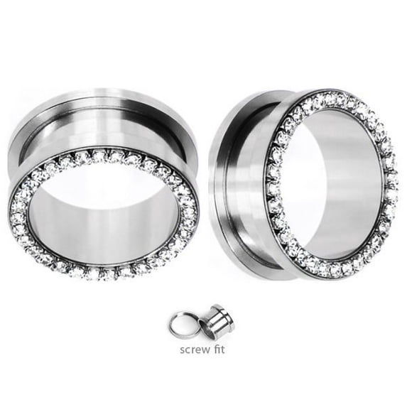 Pair of Large Gauge Surgical Steel Screw-Fit Ear Plug with Clear CZ Jewels