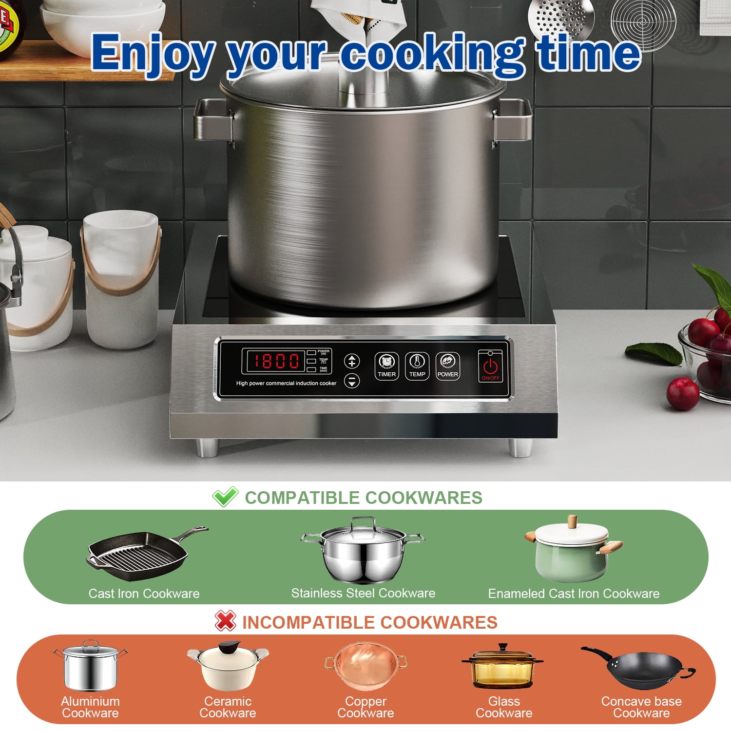 1800W 85V~120V Induction Cooktop Commercial Electric Stove Countertop Burners for Cooking Professional 18-hours Timer 16 Level Temp&Power Ctrl Chushifu
