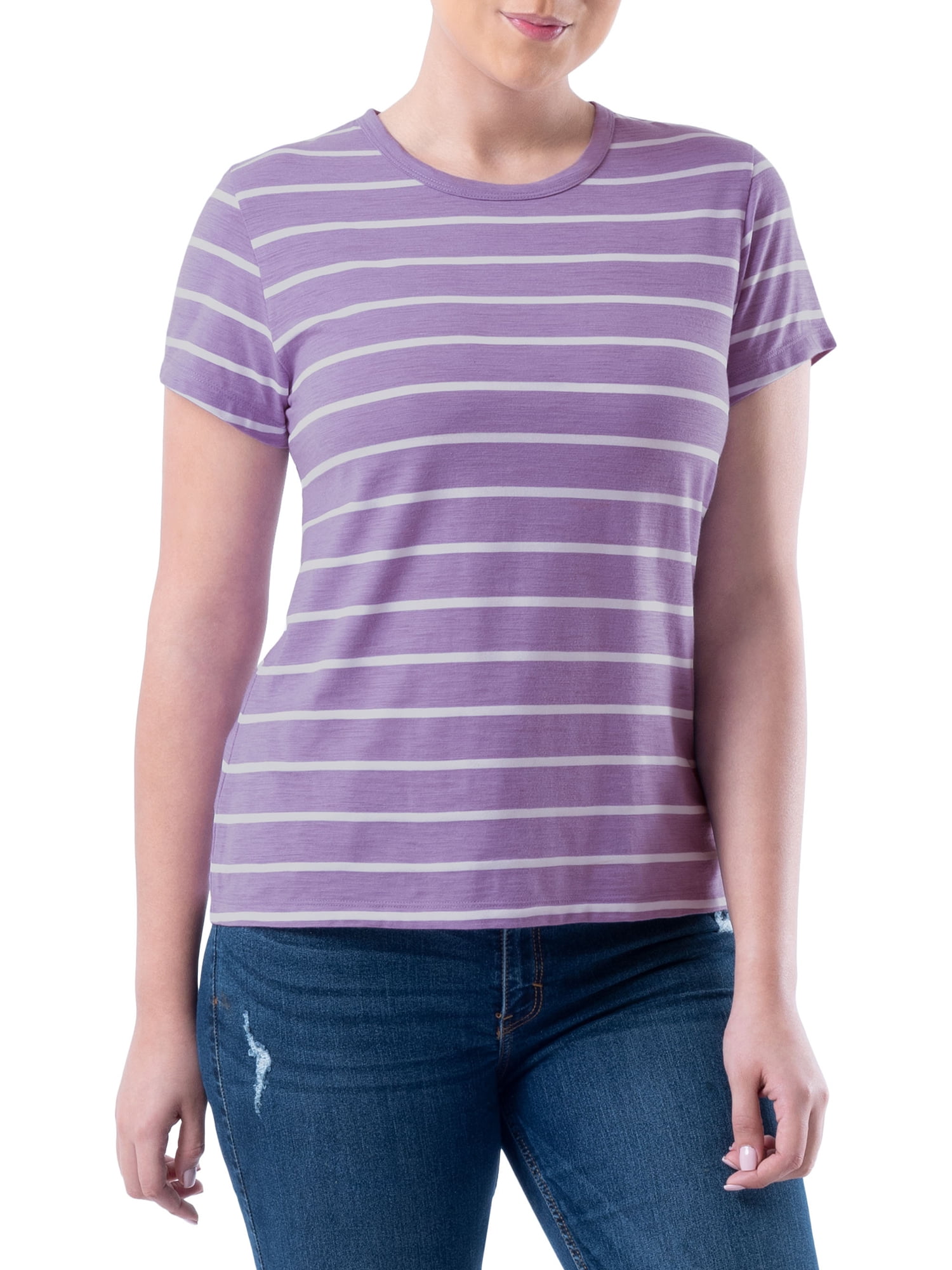 Time and Tru Womens Striped Short Sleeve Slub Crew Neck T-Shirt, 2-Pack