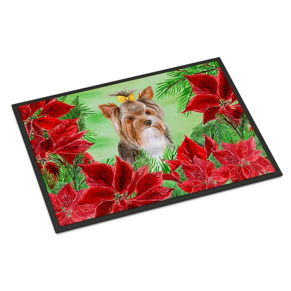 Carolines Treasures CK1370MAT Yorkshire Terrier 2 Poinsettas Door Mat Indoor Rug or Outdoor Welcome Mat 18x27 Doormat