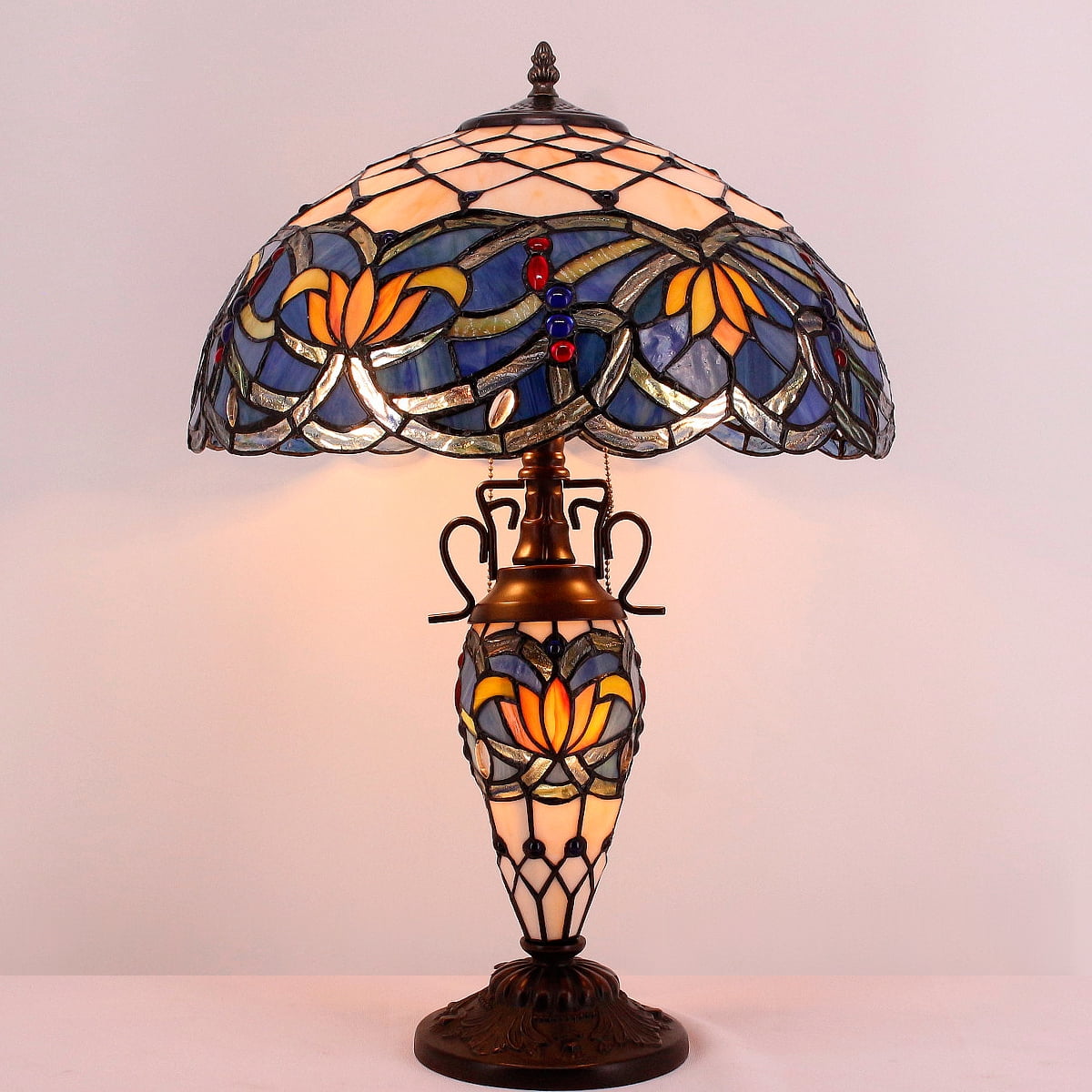 Tiffany Lamp with Nightlight Rustic Large Blue Stained Glass Lotus Table Lamp Desk 24" Tall Vintage Base Lover Living Room Bedroom Bedside Nightstand Home Office Family  Led Bulb Included