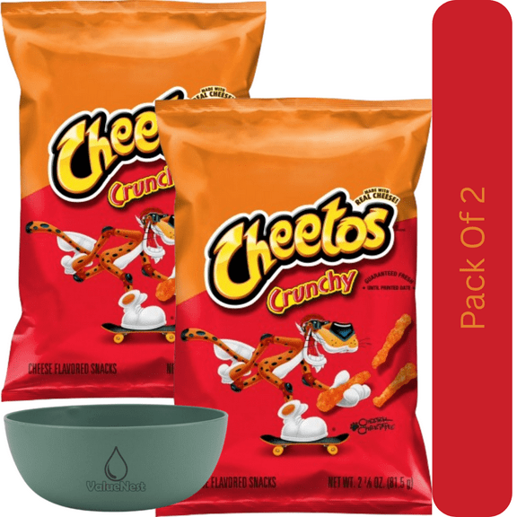 Cheetos Crunchy Cheese Flavored Snacks, 2.875 oz Bag With Olive Green Bowl By ValueNest