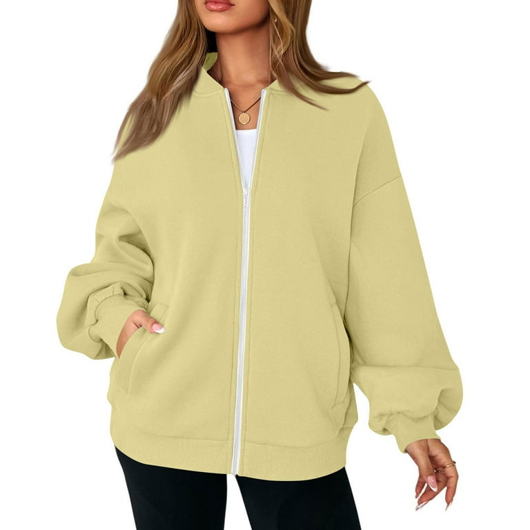 Womens Zip Up Jacket Full Zipper Crewneck Oversized Sweatshirt