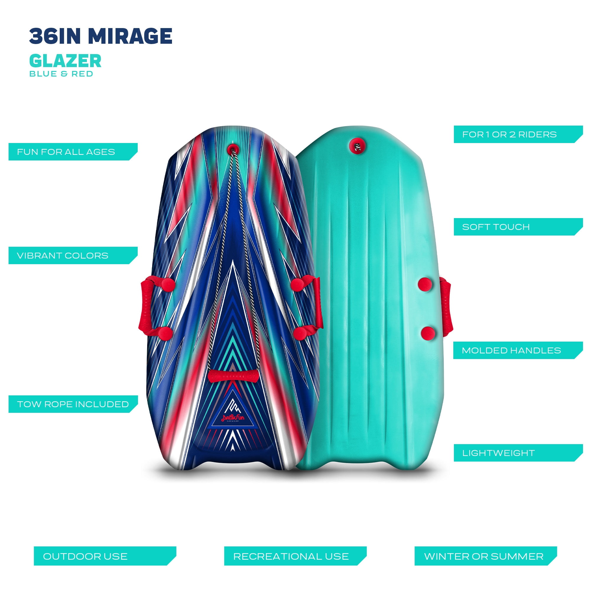 ArtikFun 36in Mirage Snow Sled - Lightweight Blue and Red Soft Foam Sled with Tow Rope and Handles for Kids and Youth