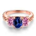 thumbnail image 3 of Gem Stone King 18K Rose Gold Plated Silver Blue Created Sapphire and Pink Moissanite Filigree Style 3 Stone Ring for Women (2.52 Cttw, Oval 8X6MM and 6X4MM, Available in Size 5, 6, 7, 8, 9), 3 of 6