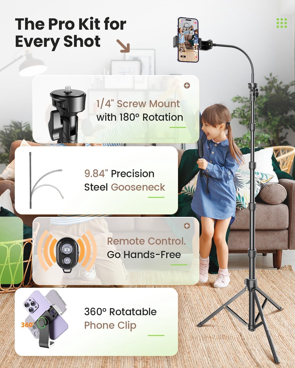 82" Phone Tripod Stand with Gooseneck, Remote and Holder, Selfie Stick & Overhead for Recording/Cooking/Fitness/Vlog, Compatible iPhone Android Samsung, Camera