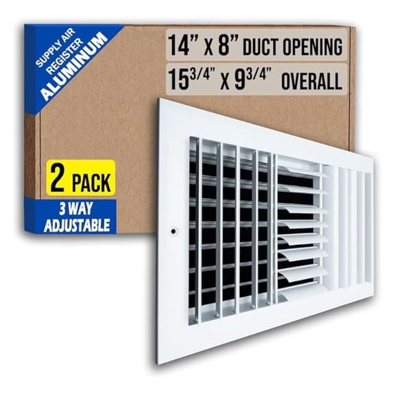 [2 Pack] Fits 14x8 Duct Opening Aluminum 3-Way Adjustable Air Supply Grille by | Curved Blade Register Vent Cover for Sidewall & Ceiling | White | Outer Size: 15.75" X 9.75"