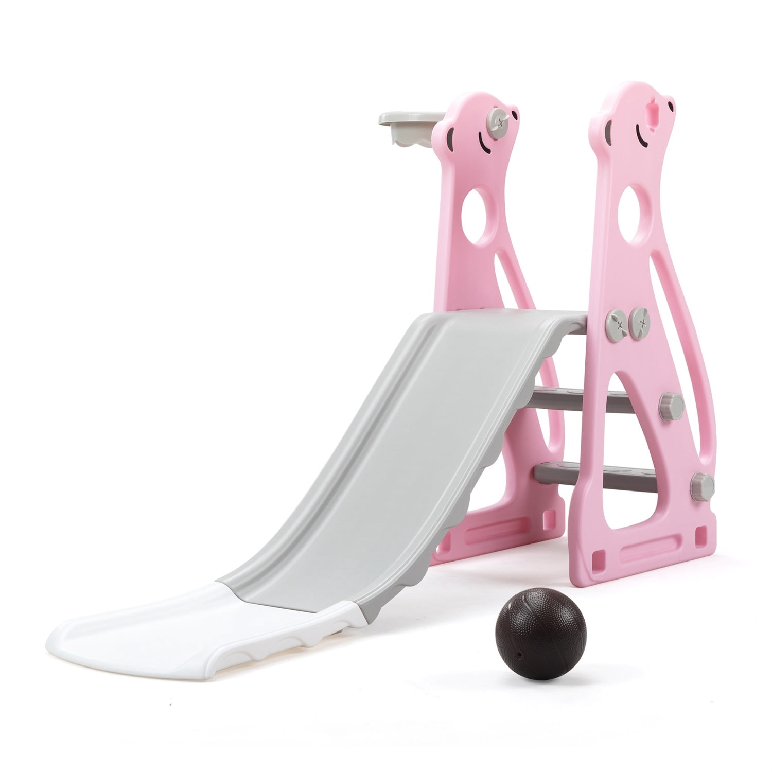 Hommoo Kids Slide Indoor Outdoor Climber Playground with Basketball Hoop，Grey Pink
