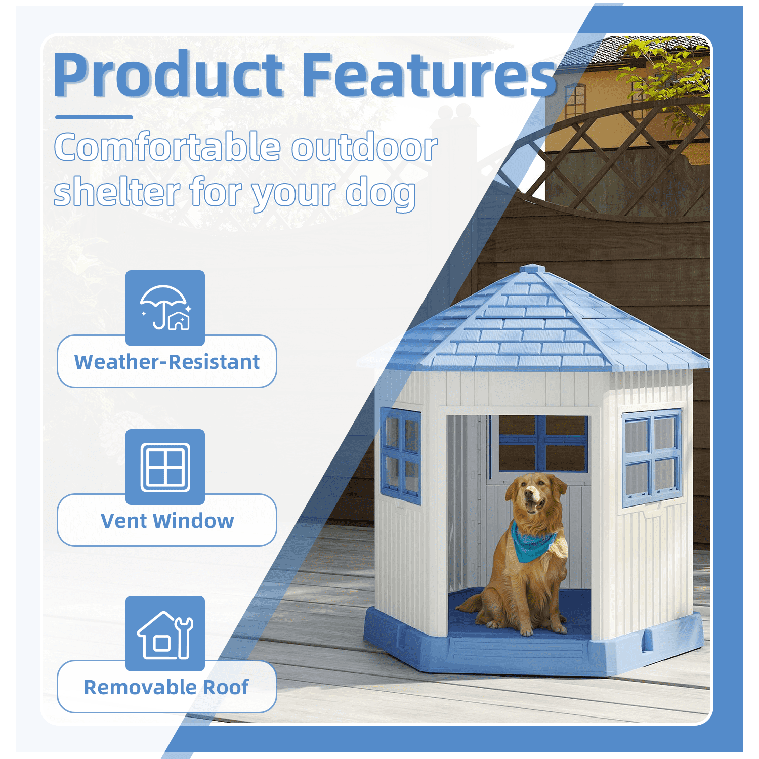 Fazzn Indoor/Outdoor Durable Large Dog Shelter with Outside Dog Kennel, Featuring a Window and Elevated Floor for Small and Medium Dogs.Blue