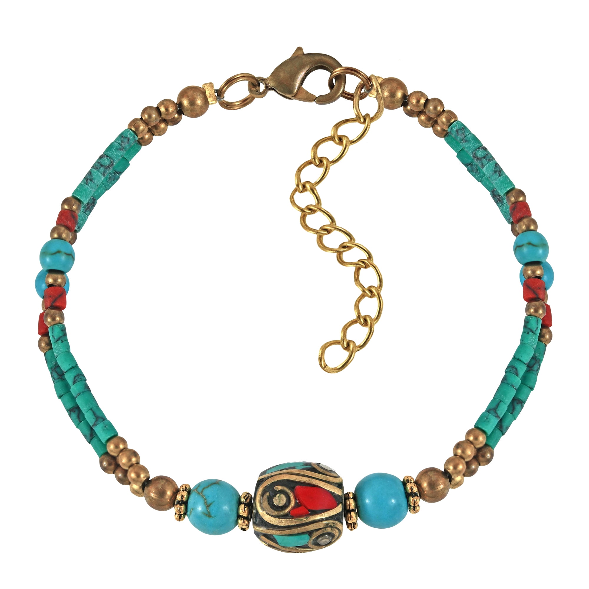 AeraVida Tribal Inspired Round Reconstructed Red Coral & Fashion Brass Beads Single Stand Link Bracelet