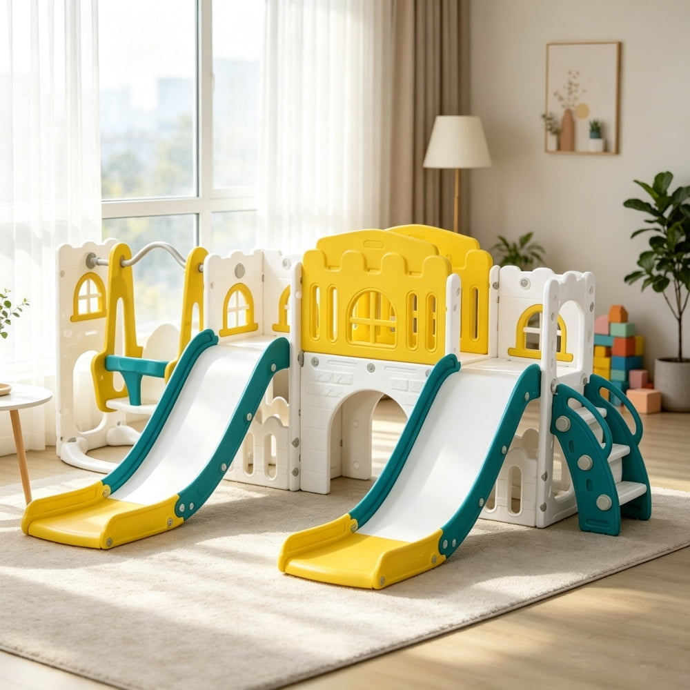 8-in-1 Toddler Playground Set, Slide & Swing, 2 Slides, Basketball Hoop, Climber, Storage Telescope, Yellow
