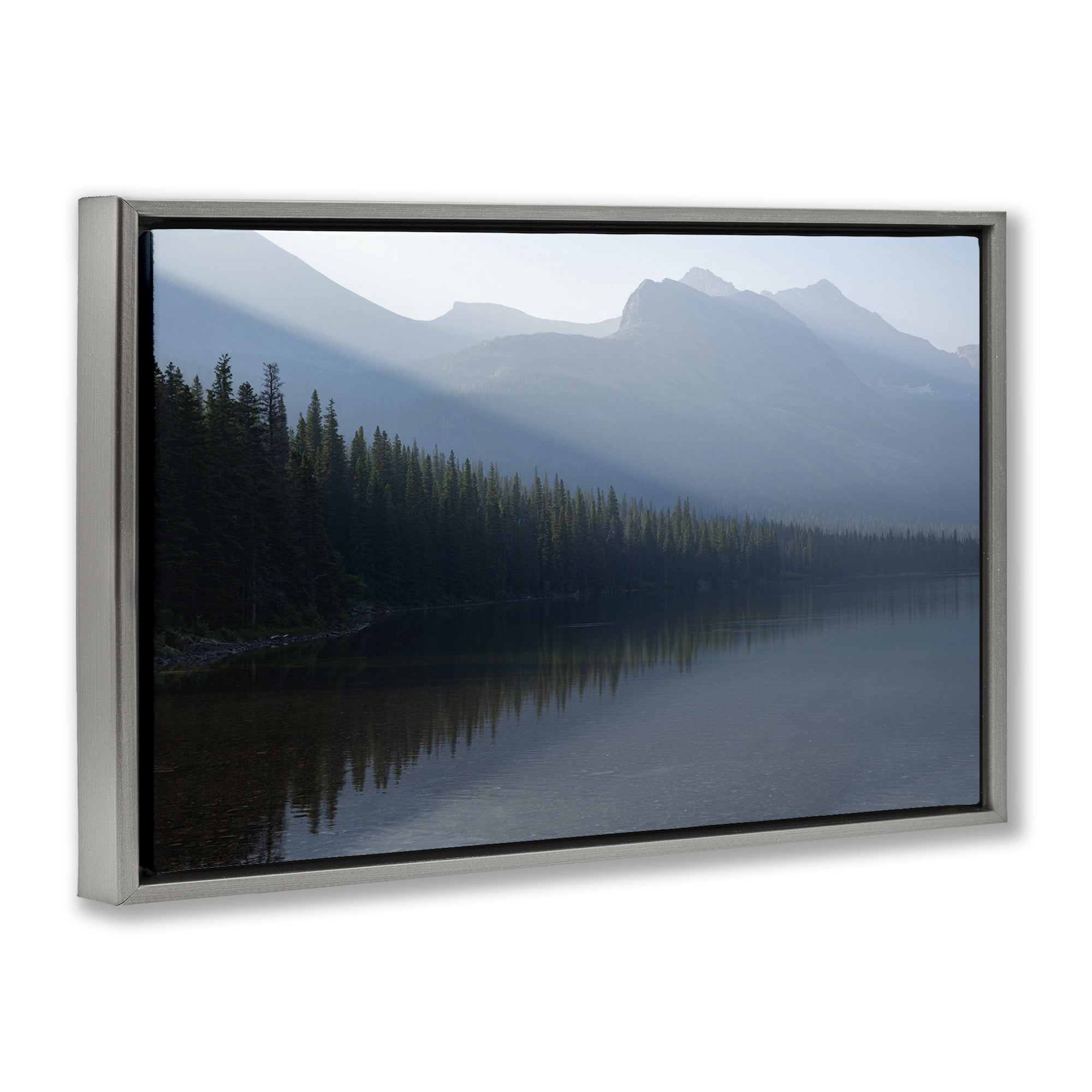Stupell Industries Foggy Lakeside Trees Landscape Photography Gray Floater Framed Art Print Wall Art, 25 x 17