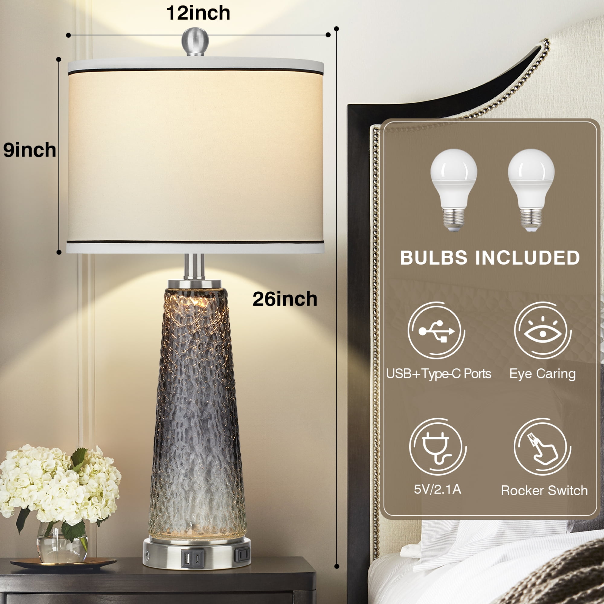 Cinkeda Modern Table Lamp Set of 2 for Bedroom Living Room with USB A+C Ports AC Outlet Gradient Grey Glass Nightlight Nightstand Bedside Lamps