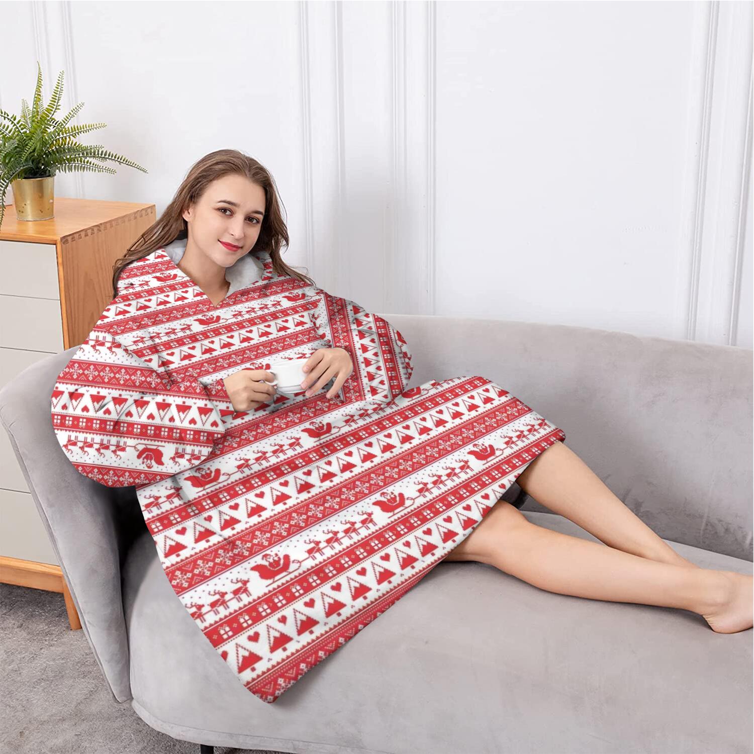 Oversized Wearable Blanket Hoodie,Red Christmas Pattern Sherpa Blanket Hoodie with Super Pockets,Super Warm Fuzzy Pullover for Women & Men