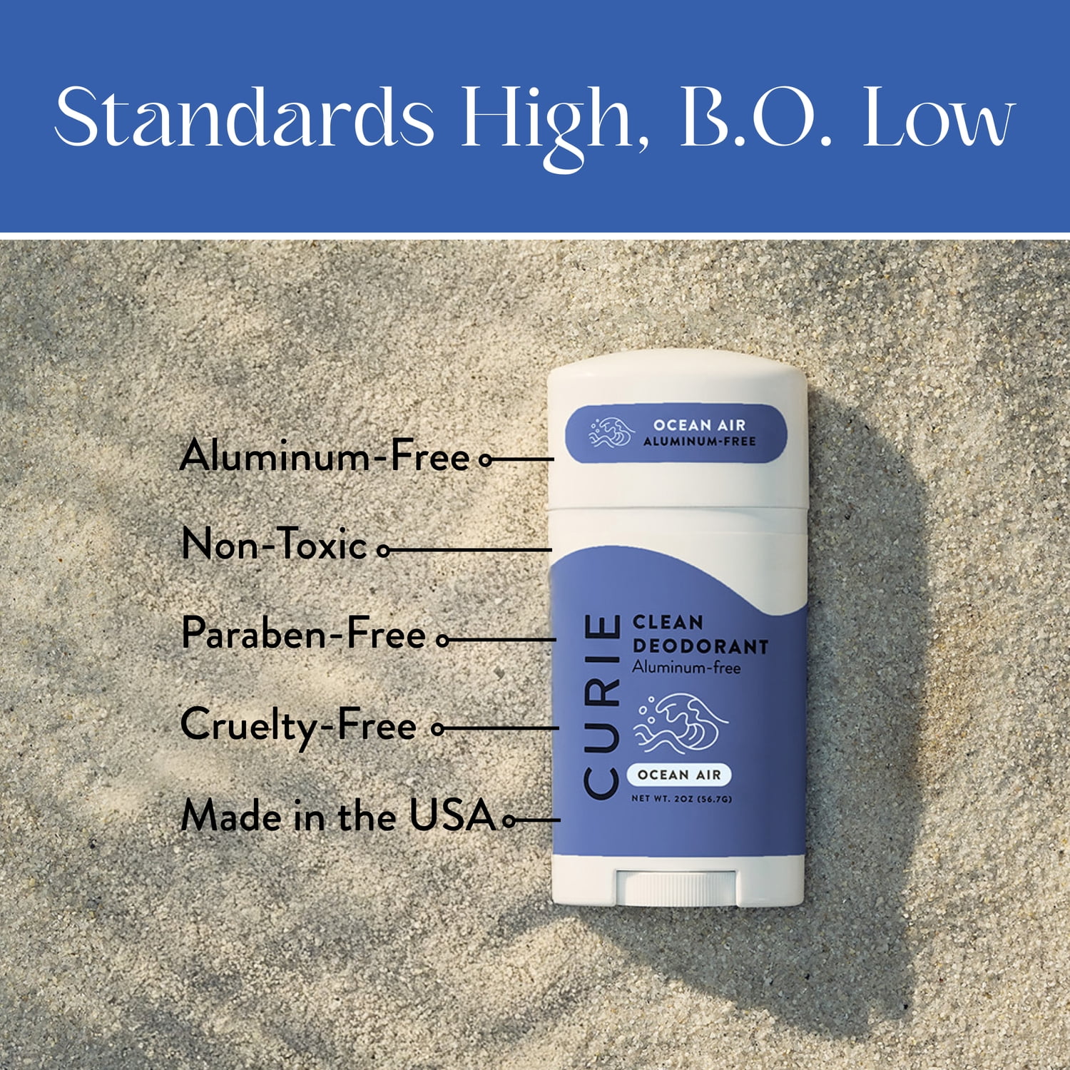 (3 pack) Curie Natural Deodorant Stick, Ocean Air, for Men and Women, Aluminum-Free, 2 oz