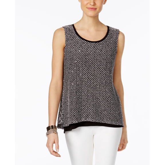 INC International Concepts Petite Layered Look Split Back Top Deep Black PM