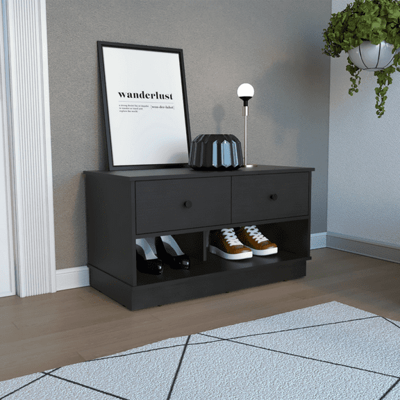 Uranus Storage Bench, Two Drawers & Open Shelves, Black Versatile Entryway & Living Room Furniture
