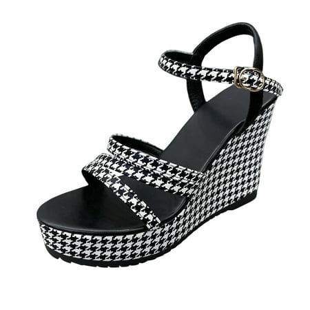 

Ladies Fashion Summer Thousand Bird Checker Cloth Open Toe Buckle Thick Sole Slope Heel Sandals