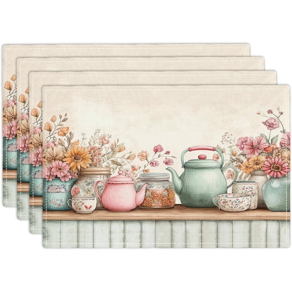 Flower Spring Placemats Set of 4, 12x18 Inch Floral Summer Table Place Mat Washable Non-Slip Heat Resistant Fabric Placement Mats for Party Dining Kitchen Indoor Outdoor Decor