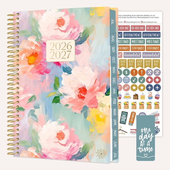 bloom daily planners 2026-2027 Academic Planner, 13 Month Monthly & Weekly Soft Cover, 5.5" x 8.25", Stickers Included, Painted Peonies