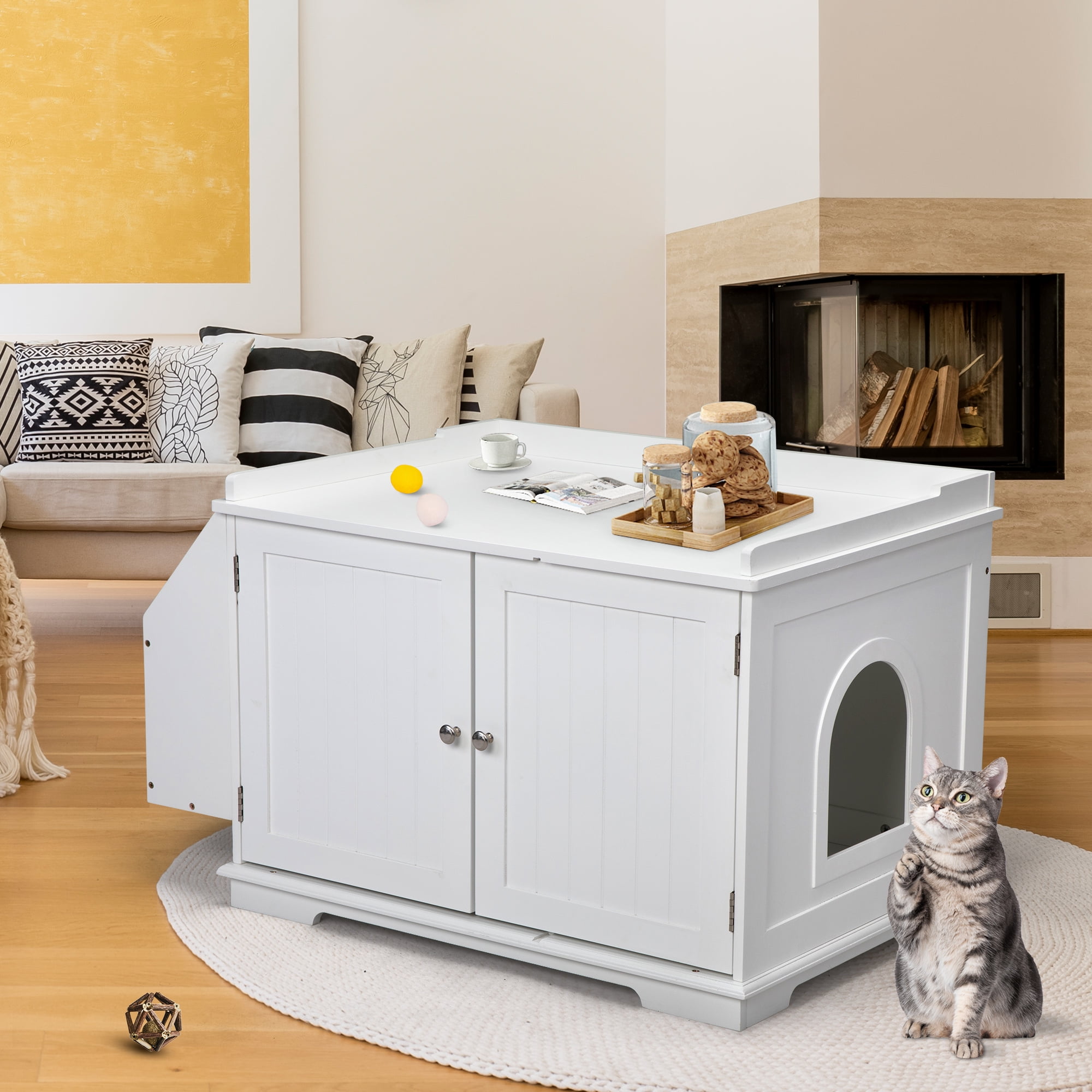 Coziwow Cat Litter Box Enclosure Washroom Storage Bench Cat House Furniture, White