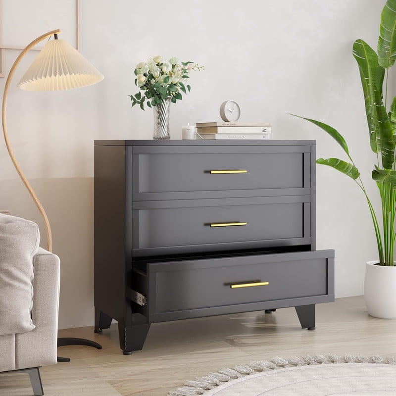 Metal 3 Dresser Chest of Drawers for Bedroom Black White
