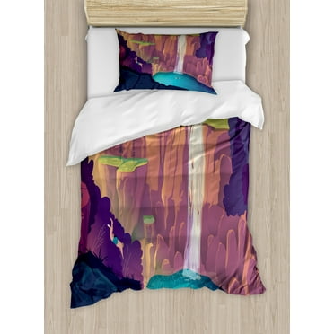 Adventures Duvet Cover Set Twin Size, Rural Landscape Scene with People Jumping off Cliffs into the Water, Decorative 2 Piece Bedding Set with 1 Pillow Sham, Dark Purple Multicolor, by Ambesonne