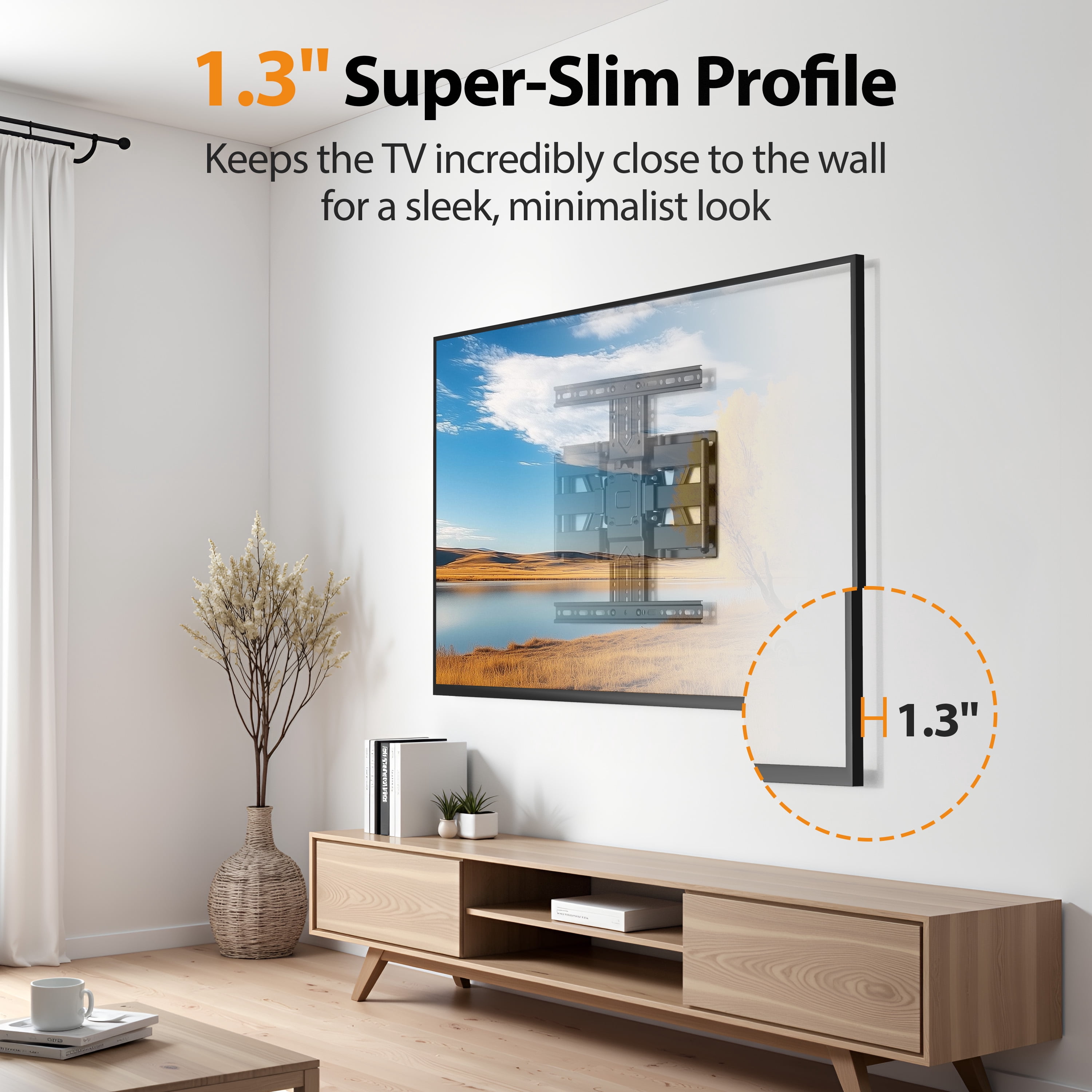 MountLiving Ultra Slim TV Wall Mount for 26-65" Screens, 1.3" Thin Profile, Swivel & Tilt, Max VESA 400x400mm, 99 lbs, Fits 16" Studs