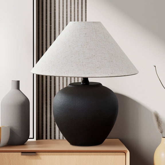 Deyidn 15.75" Modern Porcelain Table Lamp with Fabric Shade, Black Bedside Lamp for Bedroom and Living Room