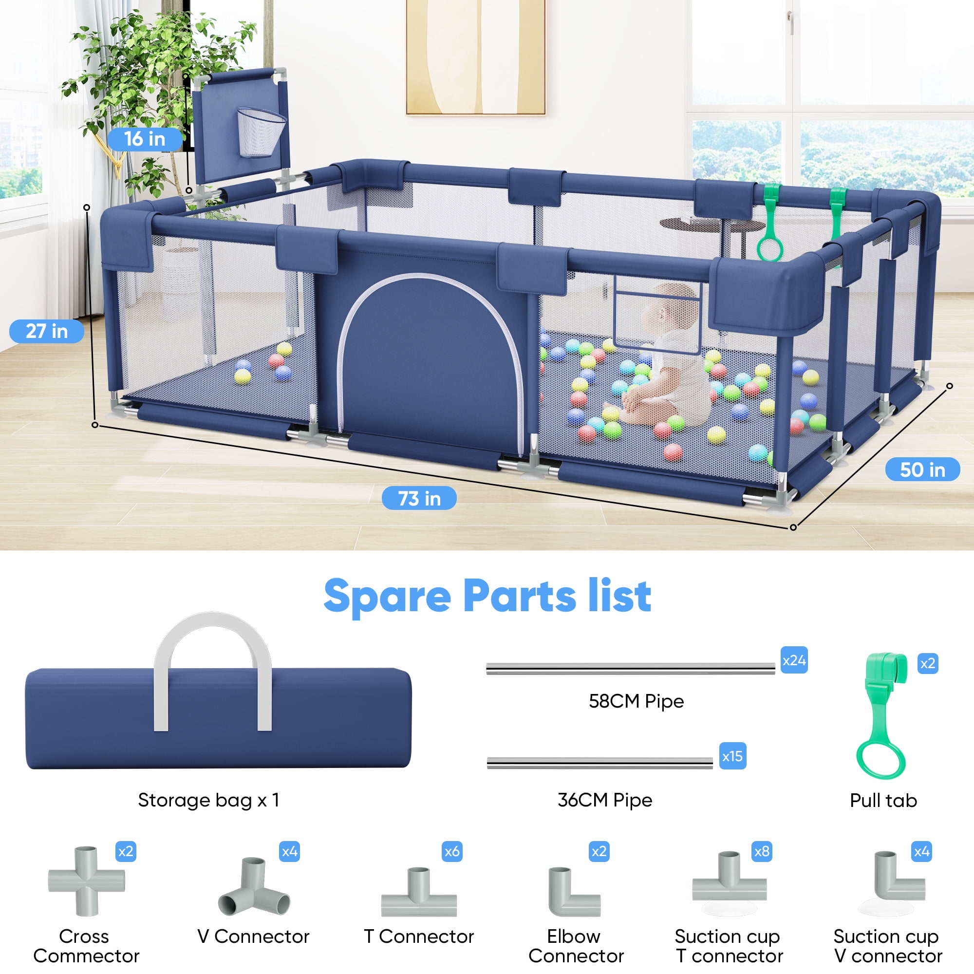 babyeap Baby Playpen,73 Inch Extra Large Baby Playard,Playpen for Babies and Toddlers With Basketball Hoop,Children Kids Play Fence for Indoors Outdoors,Blue