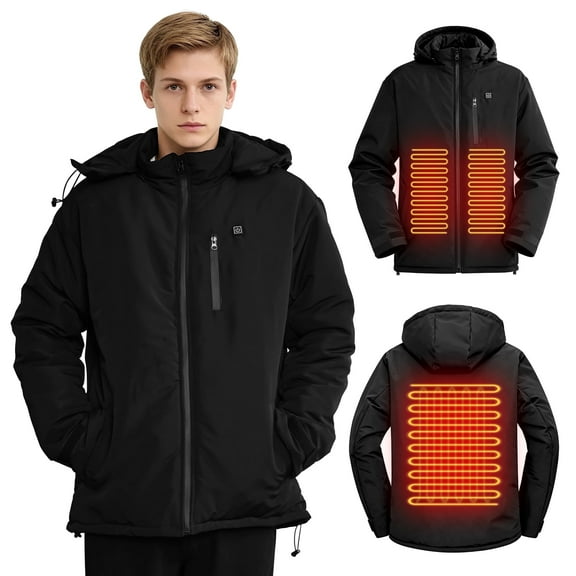 Heated Jacket for Men Women with Detachable Hood, Soft Heating Jacket for Hiking Skiing Camping, Black, XL