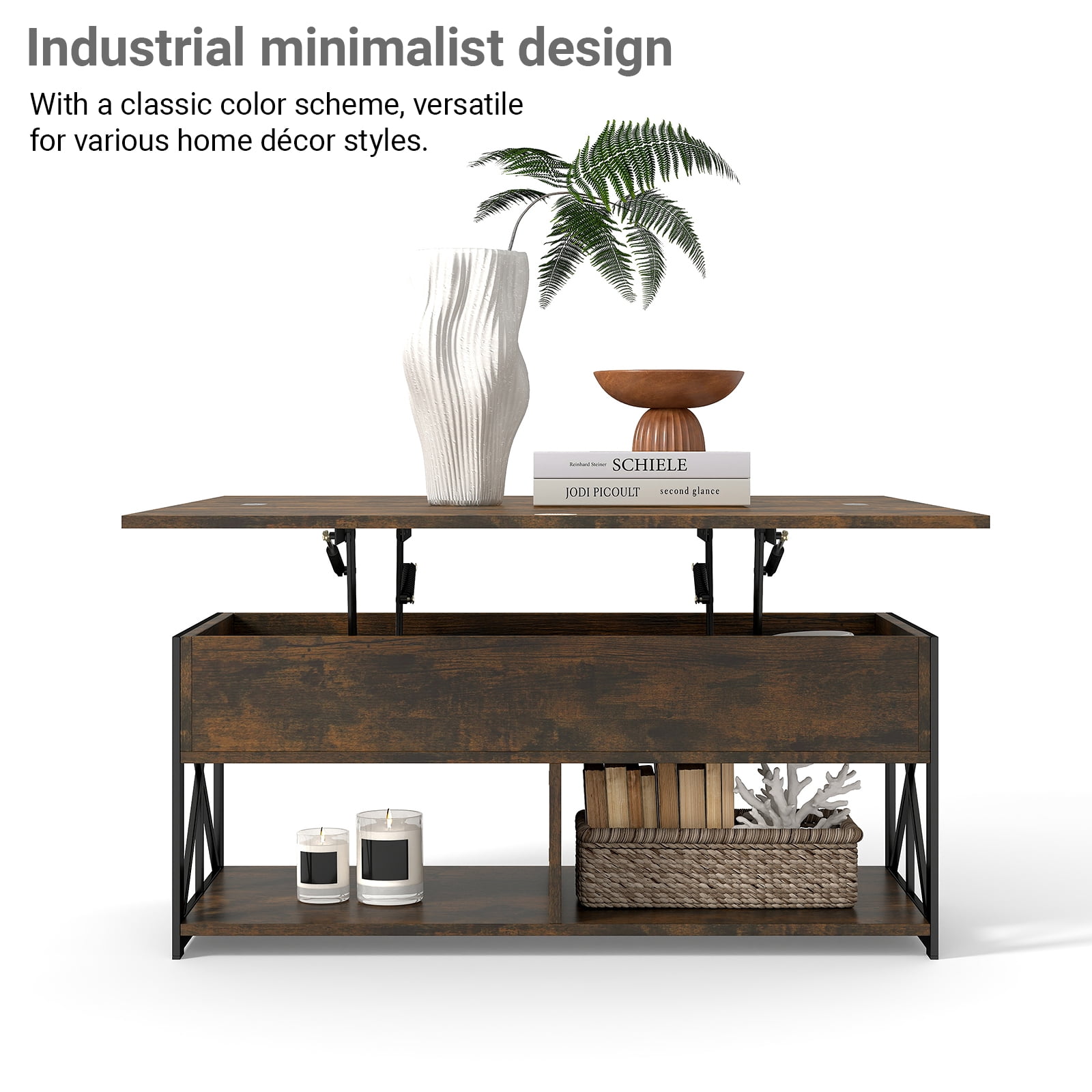 Manora Lift Top Coffee Table, Wooden Convertible Coffee Table with Storage for Living Room&Dining Room,Brown