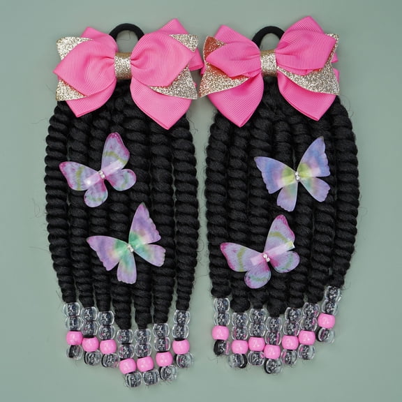 2pcs STHair Kids Ponytail Extensions, Braids with Beads, Sweet Hair Extension with Elastic Tie, Twist Ponytails with Hair Bows Butterflies, Cute Pigtail, Beautiful Cosplay Wig for Girls