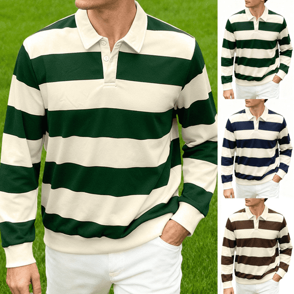 Gamivast Mens Long Sleeve Shirts Striped Print Collared Pullover Shirts Casual Rugby Style Soft Breathable Daily Streetwear Fashion Tops