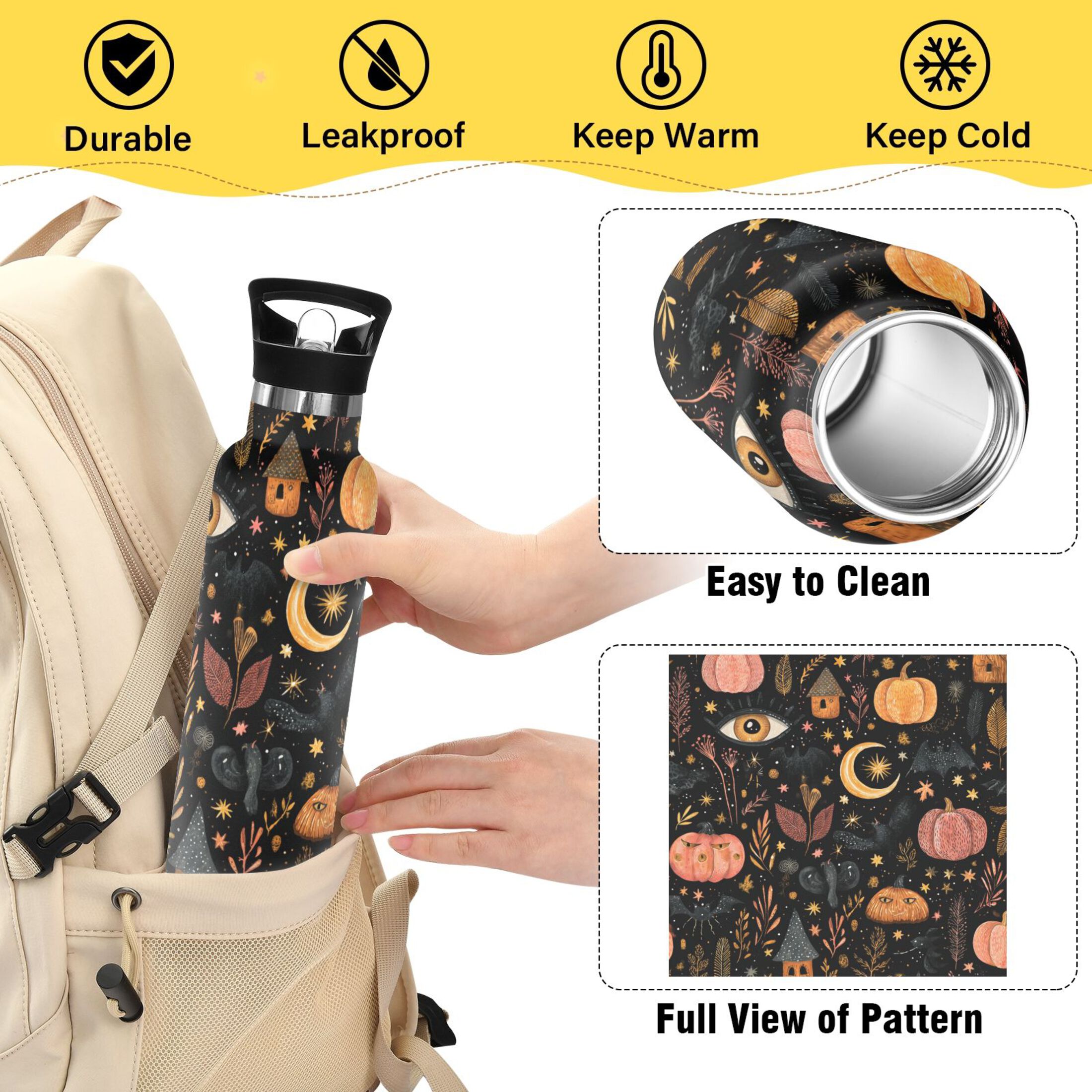 600ML Stainless Steel Insulated Cup Sports Water Bottle Portable Thermos Cup Water Glasses Insulated Tumblers Convenient and Durable Halloween Pink Pumpkin