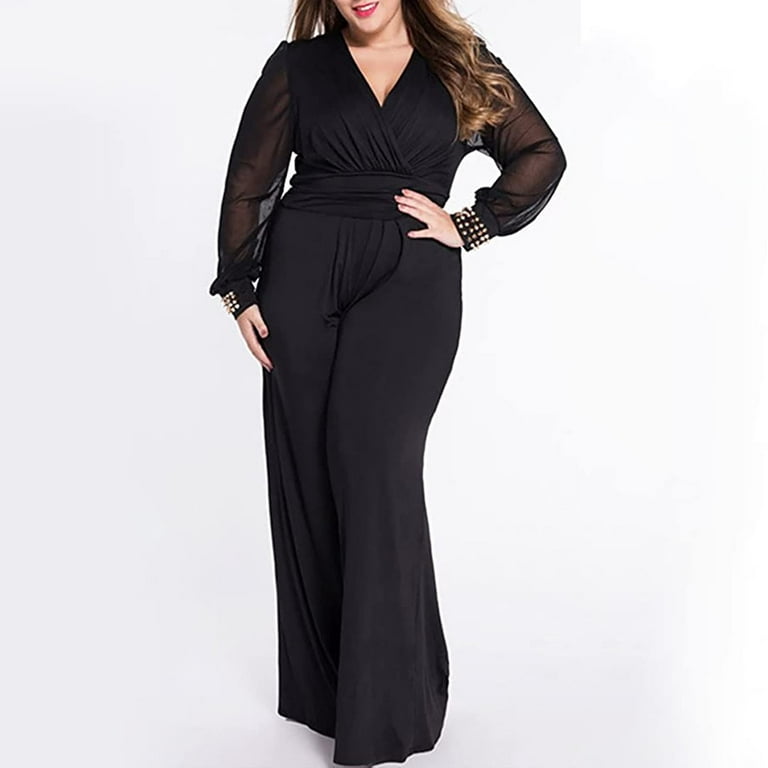 SELONE Plus Size Jumpsuits for Women Long Sleeve Wide Leg Loose Fit Long  Pant Ladies Travel Comfortable 2023 Vacation Womens Jumpers and Rompers  Casual Mesh Stitch Fashion Rivet Straight Tube Black M 