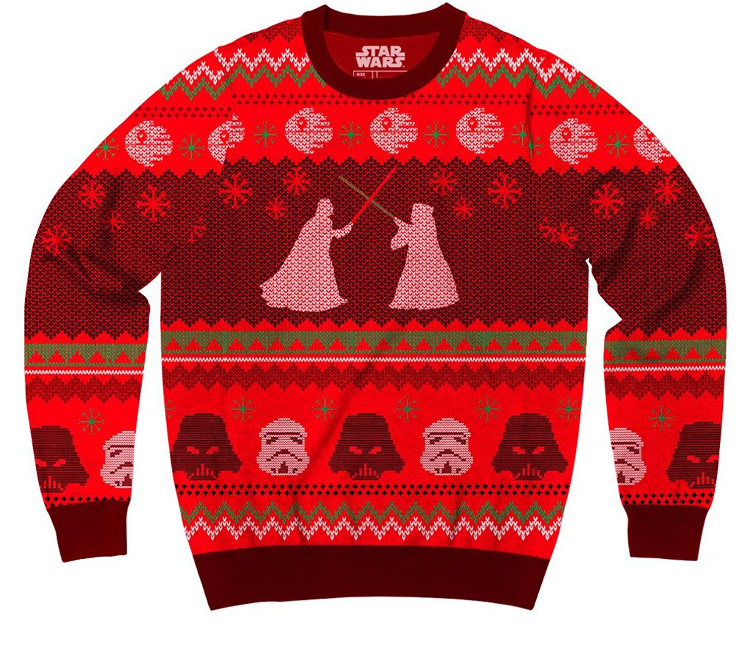 Red holiday sweater featuring Star Wars motif