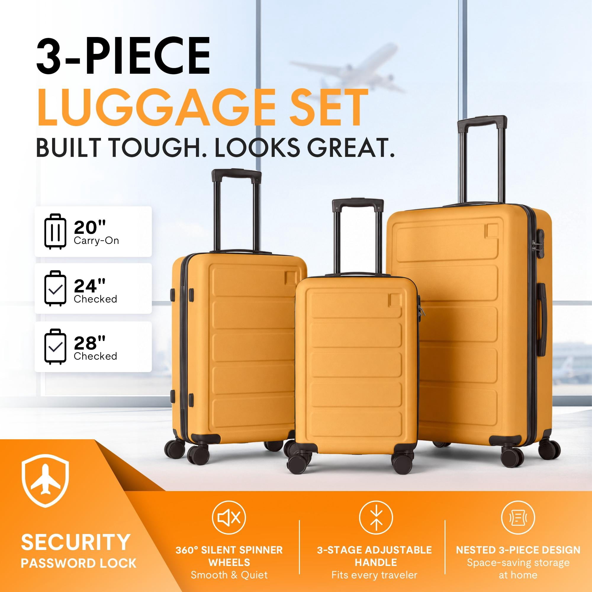 3-Piece ABS Hardshell Luggage Set, Lightweight Scratch-Resistant Suitcases with Silent Spinner Wheels & TSA Lock, Tulip Yellow