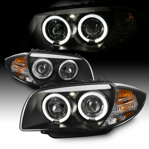 AKKON - For BMW E82 E88 1 Series Sport Coupe Halogen Type Black Bezel Dual LED Projector Headlights Lamps Pair