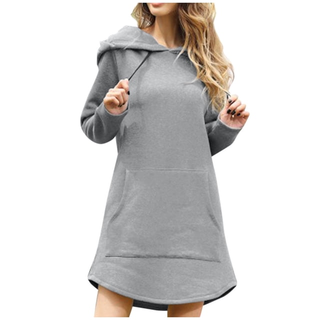 cfhntfmh Robes Chandails pour Femmes Confortables à Manches Longues Robe à Capuche Surdimensionnée Automne Douce Couleur Unie Robe Mini avec Poches